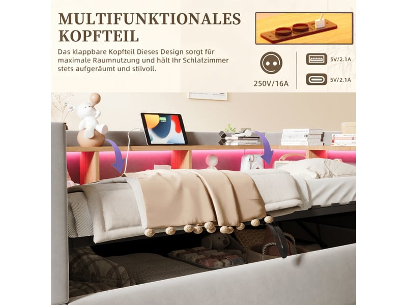  Canapé-lit 90x190 cm, lit enfant, couchage d'appoint, rangement hydraulique, gris clair, led  - Conforama R