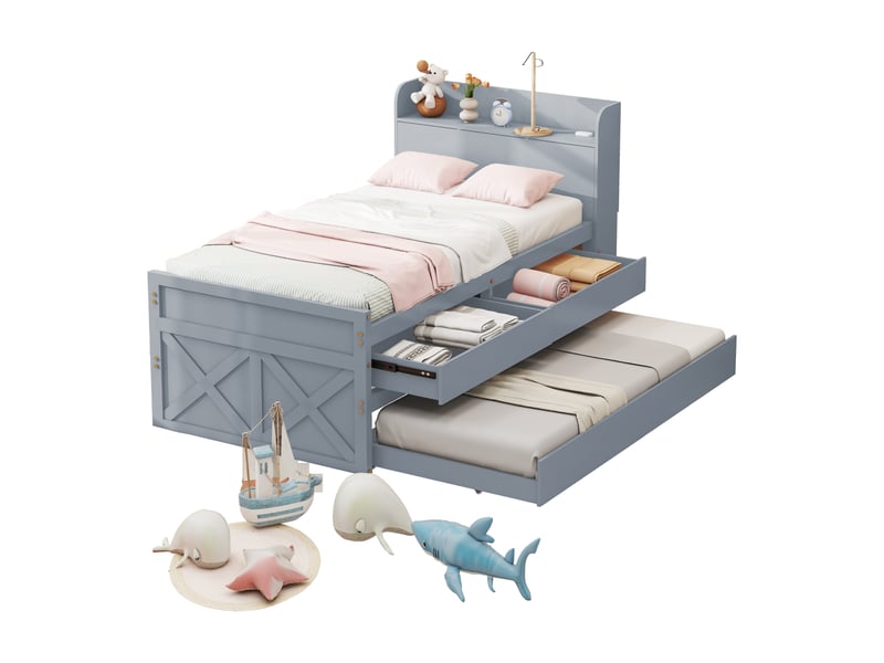Lit gigogne 90x190 cm avec 2 tiroirs, table de chevet avec rangement et usb, sommier à lattes, pin massif, gris OMNIGLINT TRADING LTD - Conforama A
