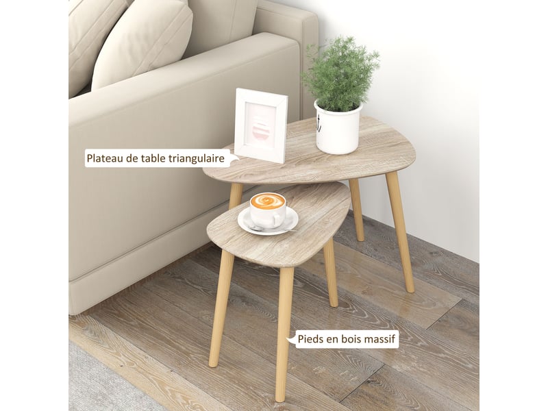  Lot de 2 tables basses gigognes design pieds scandinave en bois et plateau en bois, aspect naturel  - Conforama E