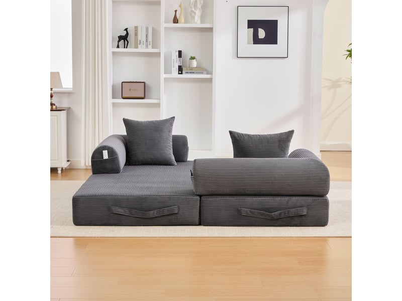 Canapé modulaire 3 places à configuration libre avec poches latérales et 3 coussins en velours côtelé gris foncé - Conforama D