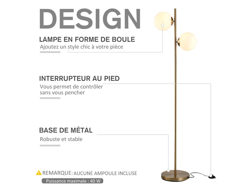  Lampadaire doré à 2 globes en verre, 40 w, interrupteur au pied pour salon, chambre ou salle à manger  - Conforama D