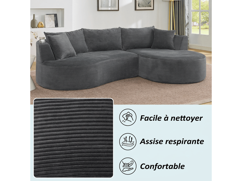  Canapé 3 places avec méridienne droite design courbé, velours côtelé doux, porte-gobelets intégrés  - Conforama W