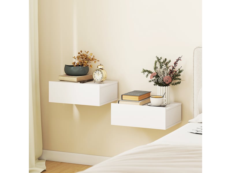  Lot de 2 tables de chevet murales, 40 x 30 x 15 cm, tables de nuit suspendues avec tiroir coulissant, blanc  - Conforama D