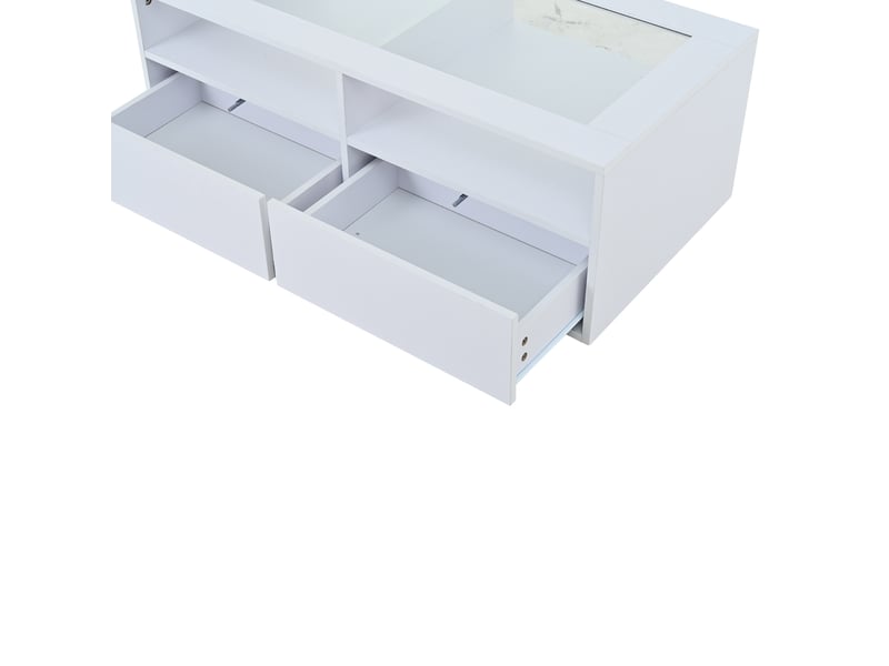 Table basse avec 2 tiroirs, 2 niches et led pour salon 100×50×35 cm en verre et panneaux de particules blanche - Conforama D