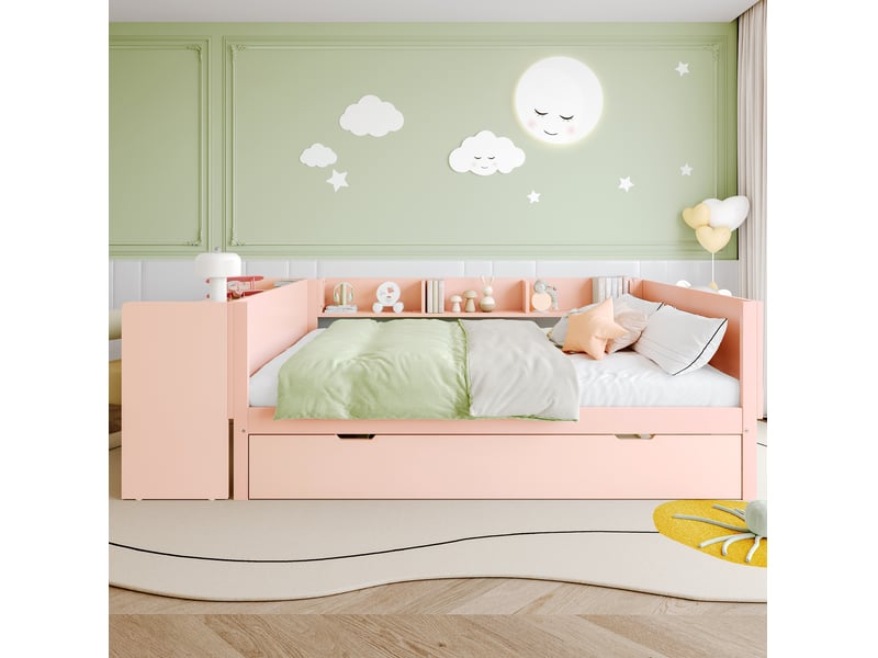  Lit gigogne 140x200 cm avec bureau et étagères, en pin, rose et blanc  - Conforama C