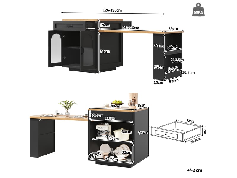  Îlot de cuisine extensible avec led, tiroirs et étagère réglable, noir, 126-196x70x94 cm  - Conforama C