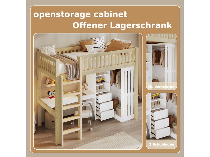  Lit mezzanine 90*200cm sans matelas, pin et mdf, bureau, armoire, 3 tiroirs, échelle, naturel  - Conforama E