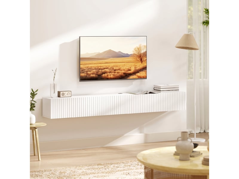  Meuble tv suspendu 180cm, meuble télé pour téléviseur 72 pouces, 2 portes rabattables, blanc, 180x25x22cm  - Conforama W
