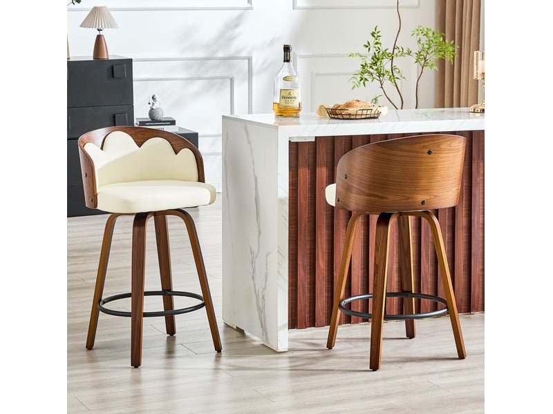  Tabouret de bar avec dossier ergonomique et repose-pieds en métal, assise rembourrée en bois et simili cuir blanc  - Conforama C