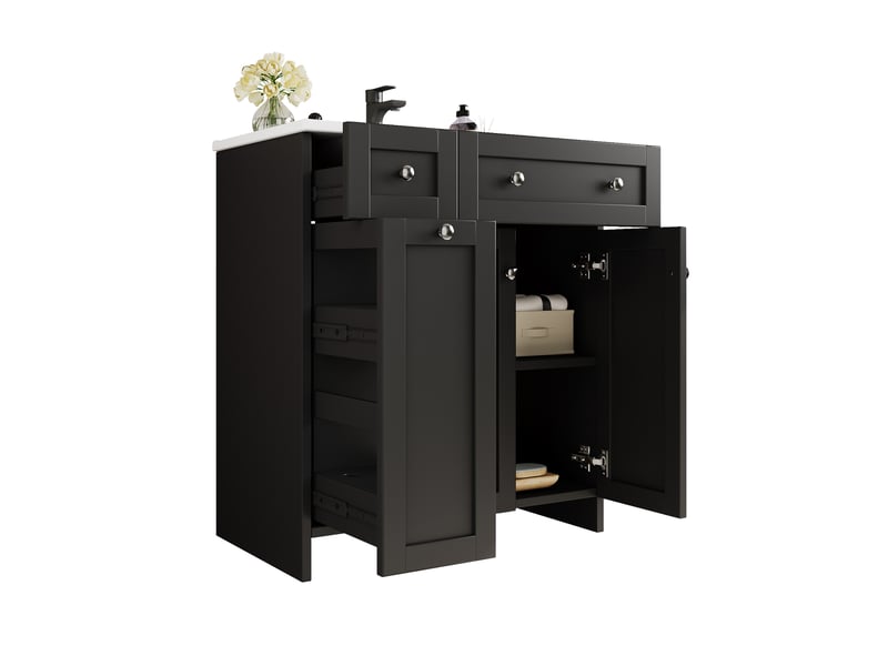 Meuble vasque sur pied noir, 76 x 47 x 86 cm, en mdf et céramique, avec 3 tiroirs à coulisses silencieuses - Conforama A