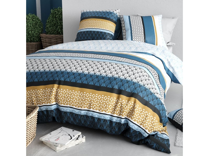  Parure housse de couette 240x220cm + 2 taies motif rétro bleu et jaune 100% coton - osyris OSYRIS - Conforama B