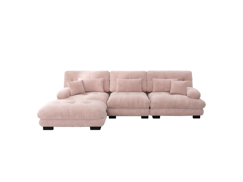 Canapé d'angle modulable modenvie 3 places convertible 313 x 145 cm en chenille rose avec ottomans mobiles - Conforama A