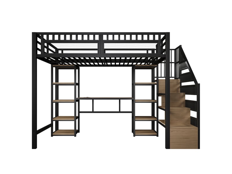  Lit mezzanine 140 x 200 cm bureau intégré rangements escalier led pilotable ports usb métal et mdf noir sans matelas  - Conforama A