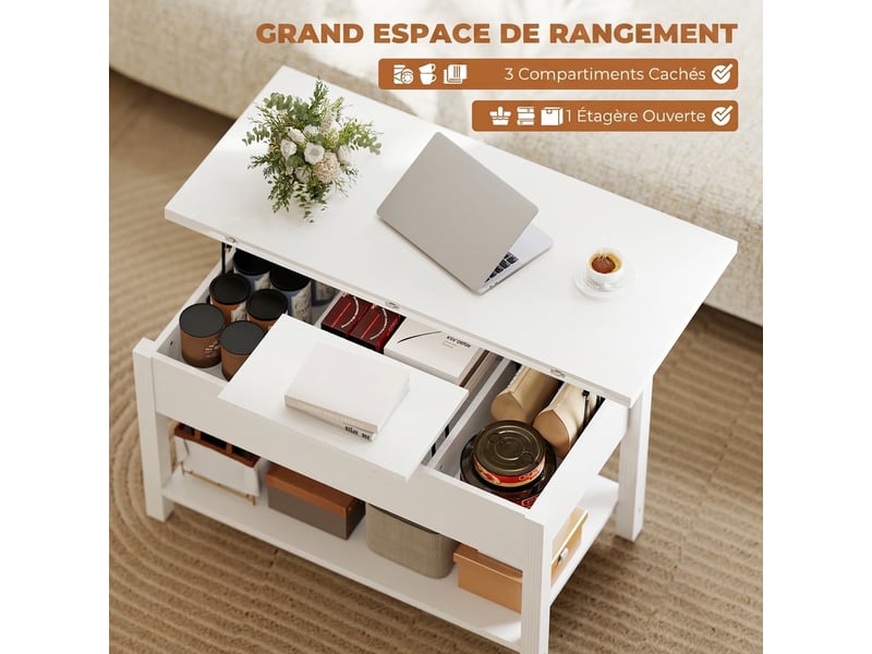  Table basse relevable et extensible table de salon avec compartiment caché étagère ouverte 100x45x50,5cm blanc  - Conforama E