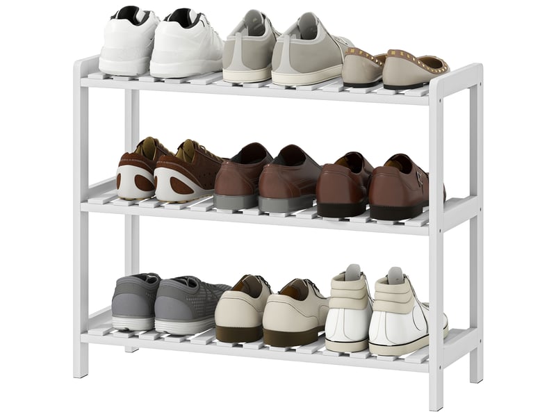  Étagère à chaussures, porte-chaussures 3 niveaux, étagères à lattes, blanc, en bois de pin， 70 x 26 x 57,5 cm  - Conforama B