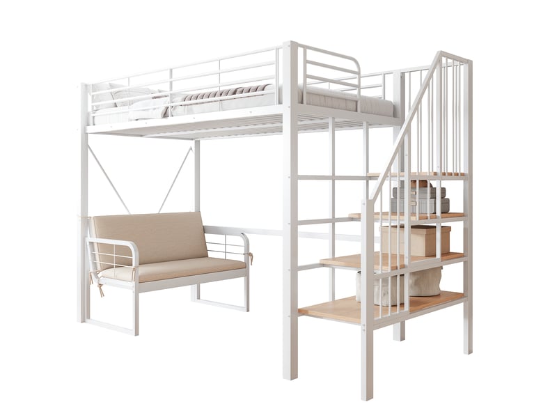  Lit superposé 90x200, lit mezzanine avec canapé déhoussable et escalier de rangement, cadre en métal blanc pour enfants et adultes  - Conforama D