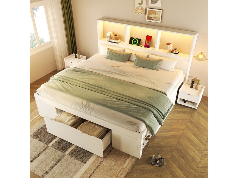  Lit double avec rangement 140x200 cm, lit en bois avec 2 tables de chevet mobiles, led et usb-c, tiroir et étagères - blanc (sans matelas)  - Conforama B
