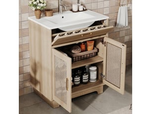 Meuble vasque 76 cm avec lavabo en céramique, finition bois naturel et portes effet rotin