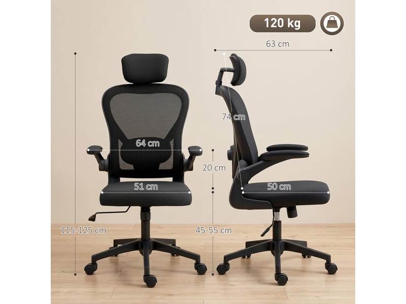  Chaise de bureau ergonomique avec accoudoirs relevables et soutien lombaire réglable, noire  - Conforama E