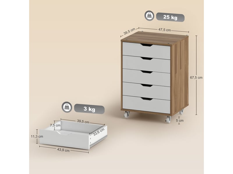  Caisson bureau mobile | meuble de rangement sur roulettes 5 tiroirs 47,5x39,5x67,5 cm blanc et chêne  - Conforama E