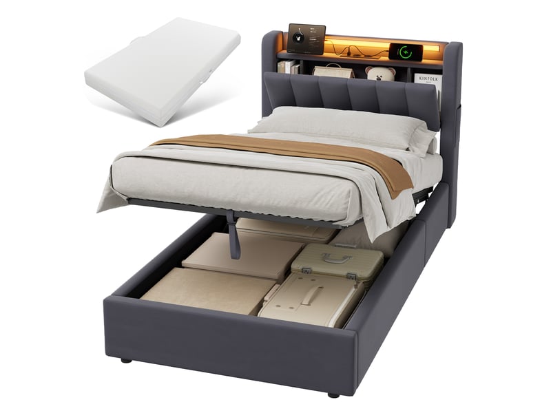  Lit coffre 90x200 cm gris en velours avec coffre hydraulique, led et ports usb intégrés  - Conforama B
