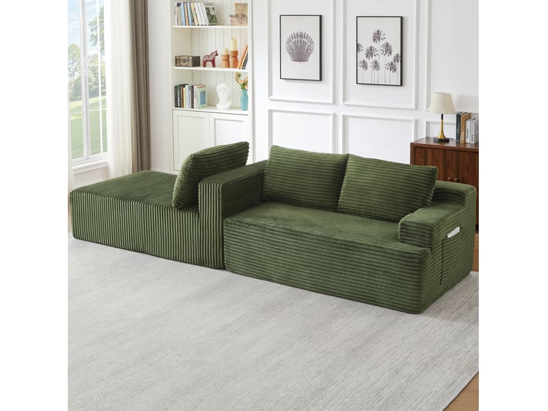 Canapé d'angle modulable 4 places en velours côtelé vert, 238 x 152 x 66 cm, méridienne gauche, sans montage, livré compressé, assise profonde CARDUME ESTIVAL - Conforama E