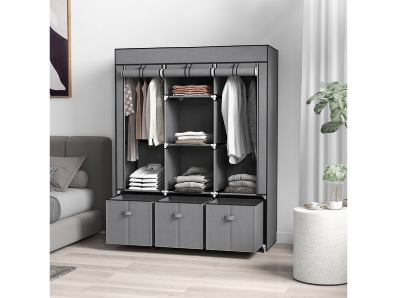  Armoire pliante en tissu avec tiroirs et portes enroulables zippées, 125 x 43 x 162,5 cm, gris foncé  - Conforama C