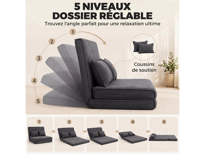 Canapé-lit pliant, chauffeuse 2 places convertible velours côtelé, dossier réglable, assise large, gris, 2 oreillers - Conforama E