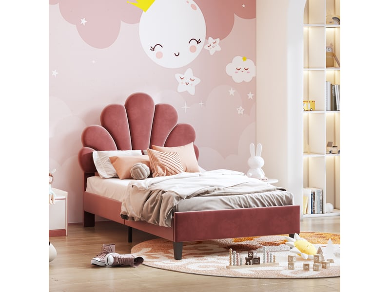 Lit enfant 90x200 cm avec tête de lit fleur et sommier à lattes rouge - Conforama B