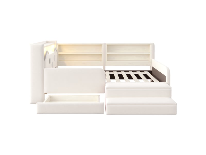  Lit enfant 90x200 cm tête de lit ours, led, usb, tiroir et pouf amovible en velours beige Fay Lum - Conforama W