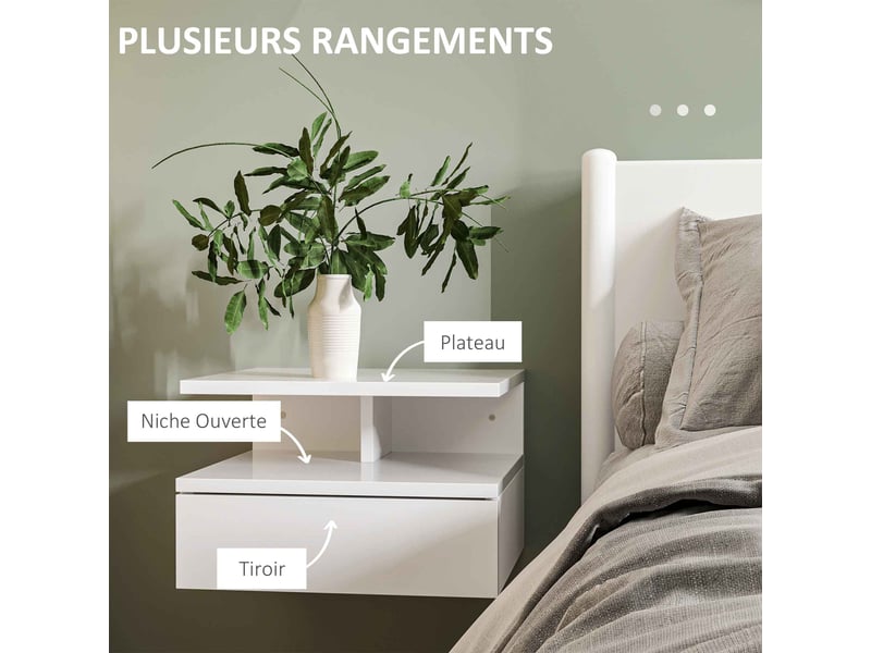  Lot de 2 tables de chevet murales tables de nuit tiroir coulissant, niche, 35 x 32 x 22,5 cm blanc, plateau  - Conforama E