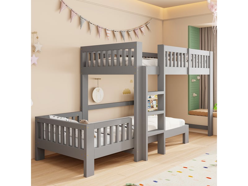  Lit superposé enfant 90x200 cm - lit superposé en bois séparable - 2 lits modulables avec barrières de sécurité - gris  - Conforama W
