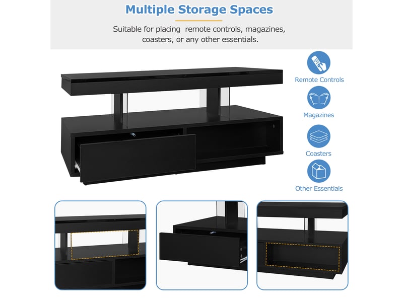  Table basse, avec éclairage led, avec 2 tiroirs, 95 x 50 x h 42,5 cm, noir, plateau en verre trempé, structure en panneau de particules, pour le salon Luxe haut de gamme - Conforama D