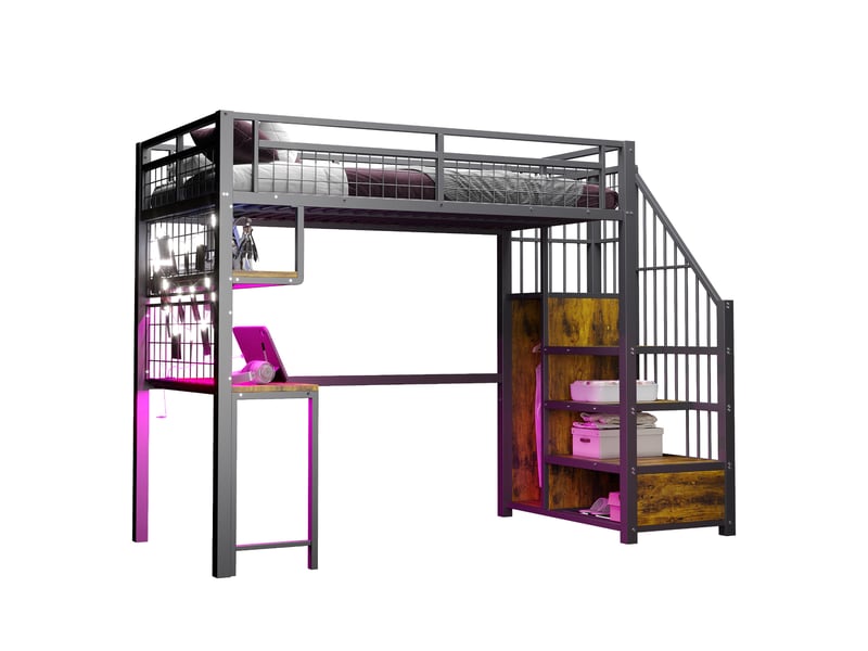  Lit mezzanine 90 x 200 cm, bande lumineuse, prise, échelle rangement, penderie, étagères, bureau, métal, noir  - Conforama A