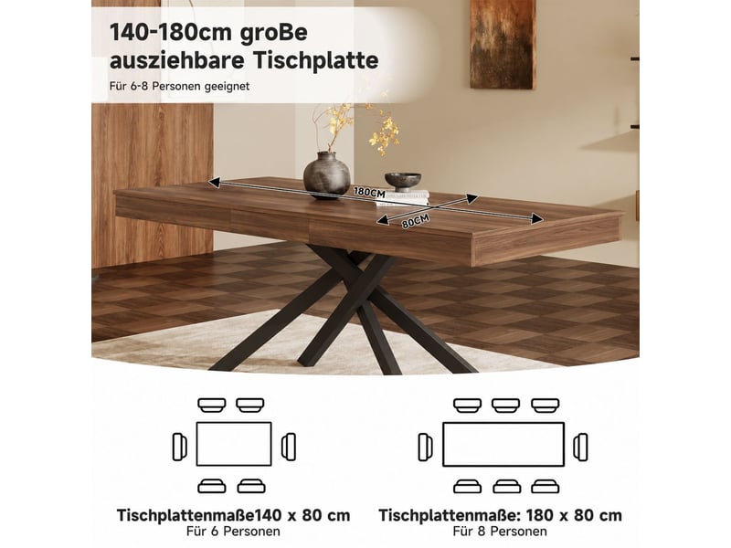 Table à manger 140180 x 80 cm plateau épaissi extensible table de cuisine 6 à 8 places forme rectangulaire pieds en métal style épuré coloris noyer - Conforama E