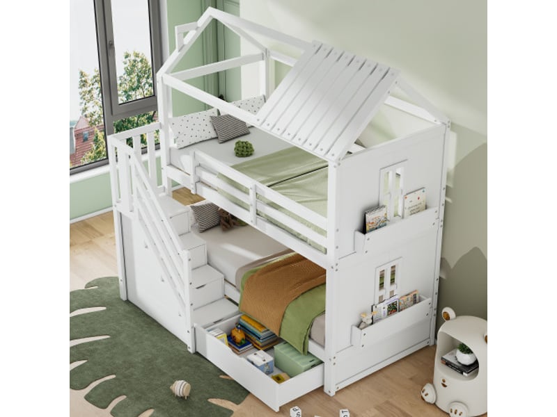  Lit enfant 90x200cm,lit superposé,lit cabane en bois massif avec escalier avec rangement,tiroirs,étagères et garde-corps,blanc lit enfant blanc - Conforama B