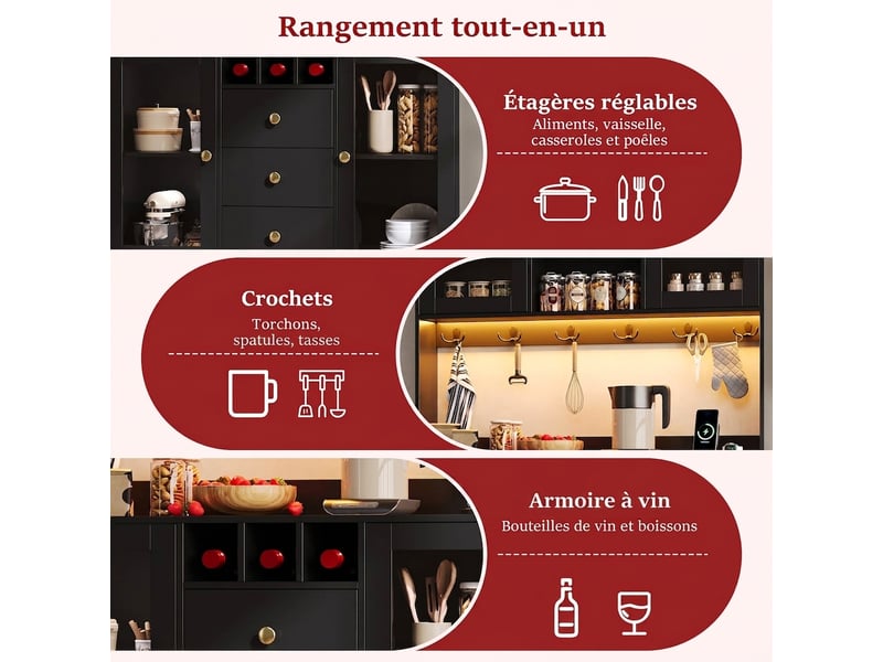  Armoire de cuisine avec éclairage led et prises électriques, vitrine noire pour salle à manger, 120x40x170 cm  - Conforama B