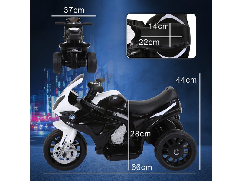  Moto électrique pour enfants de 18 à 36 mois avec permis bmw s1000rr, vitesse 2,5 kmh, charge maximale 20 kg, dimensions 66 x 37 x 44 cm, noire  - Conforama D