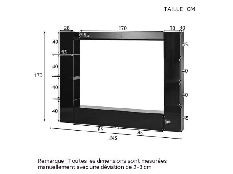  Ensemble meuble tv mural noir brillant avec vitrine, étagères et grands espaces de rangement  - Conforama C