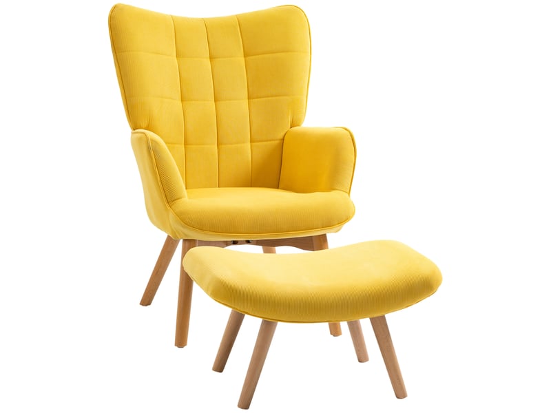  Fauteuil d'appoint avec repose-pieds, fauteuil inclinable aspect velours côtelé, fauteuil à pieds en bois, pour salon, jaune  - Conforama A