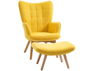 Fauteuil d'appoint avec repose-pieds, fauteuil inclinable aspect velours côtelé, fauteuil à pieds en bois, pour salon, jaune