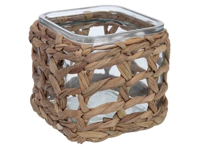 Bougeoir en verre recouvert de fibres naturelles marron, 11,5x11,5x12h cm  - Conforama A