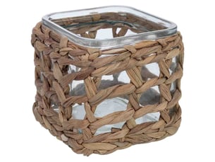 Bougeoir en verre recouvert de fibres naturelles marron, 11,5x11,5x12h cm