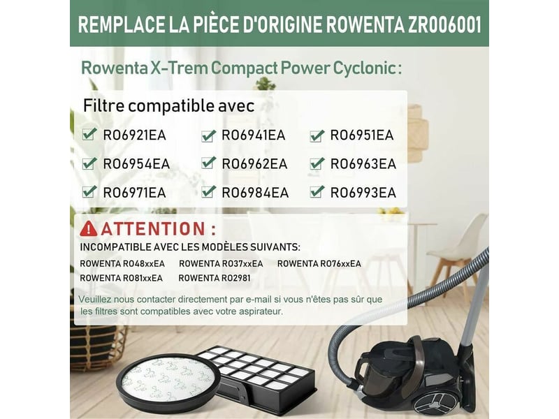  Lot 2 remplacement filtre pour rowenta x-trem power cyclonic aspirateur zr006001 ro69xx ro72xx ro7230ea ro7260ea  - Conforama B