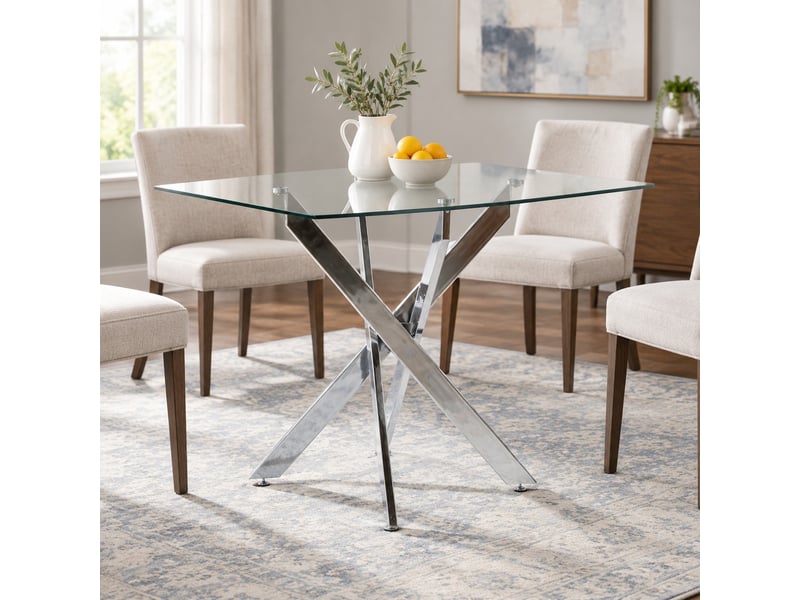  Table à manger carrée 80x80x75 cm en verre trempé et métal argenté  - Conforama B
