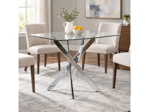 Table à manger carrée 80x80x75 cm en verre trempé et métal argenté