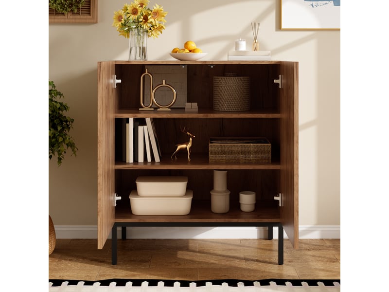  Buffet bas 70x38,5x80 cm avec 2 portes cannage rotin pe, étagères réglables, meuble de rangement en bois avec pieds métal - bois naturel  - Conforama E