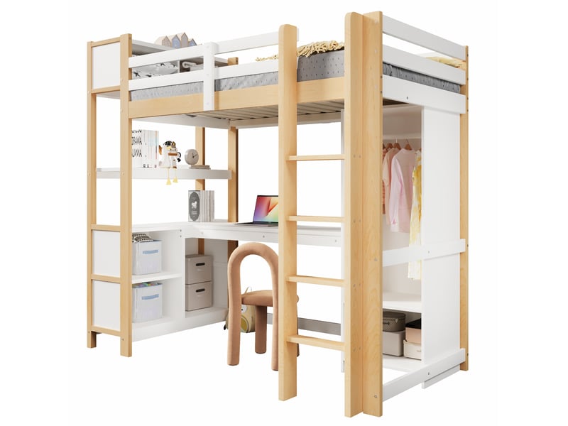 Lit mezzanine enfant 90x200 cm avec bureau, rangements et armoire blanc naturel - Conforama A