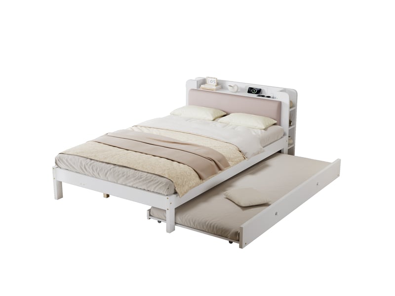  Lit gigogne 120x200 cm avec tête de lit rembourrée en bois blanc  - Conforama A