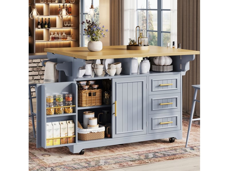  Desserte 2 portes 3 tiroirs - îlot de cuisine mobile à plateaux rabattables 143x40x95 cm mdf bleu gris  - Conforama W